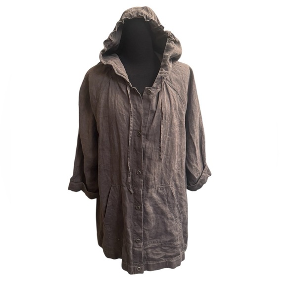 ORGANIC LINEN EILEEN FISHER Women’s SZ L Anorak Jacket Button Pockets Hood Brown - Picture 3 of 17